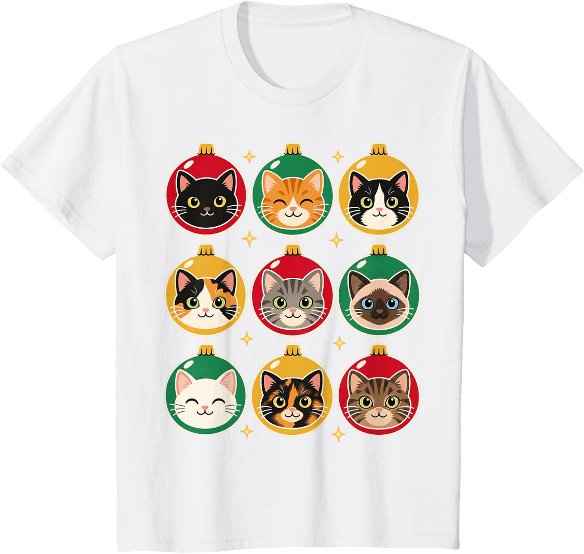 Christmas Cat Ornaments Nine Cute Kitten Faces Xmas Baubles T-Shirt - White
