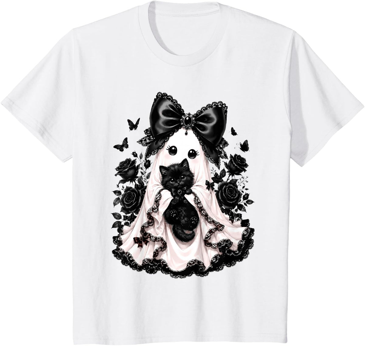 Cute Lace Pattern Ghost Hugs Black Cats Happy Halloween Day T-Shirt - White
