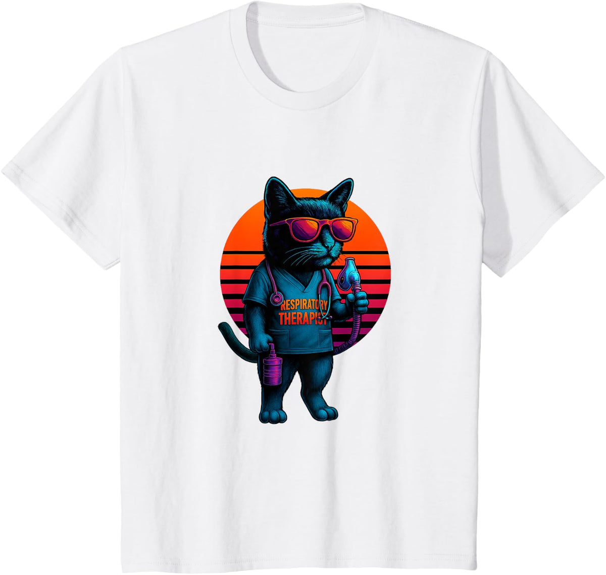 Retro Cat With Breathing Care Skills Respiratory Therapist T-Shirt - White