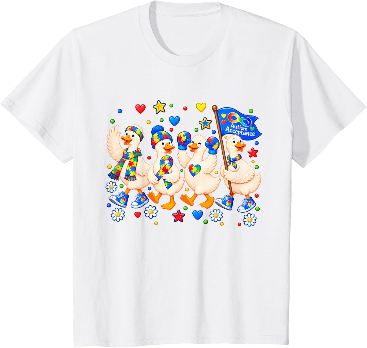 Autism Acceptance Goose Rainbow Infinity Family Support T-Shirt - White
