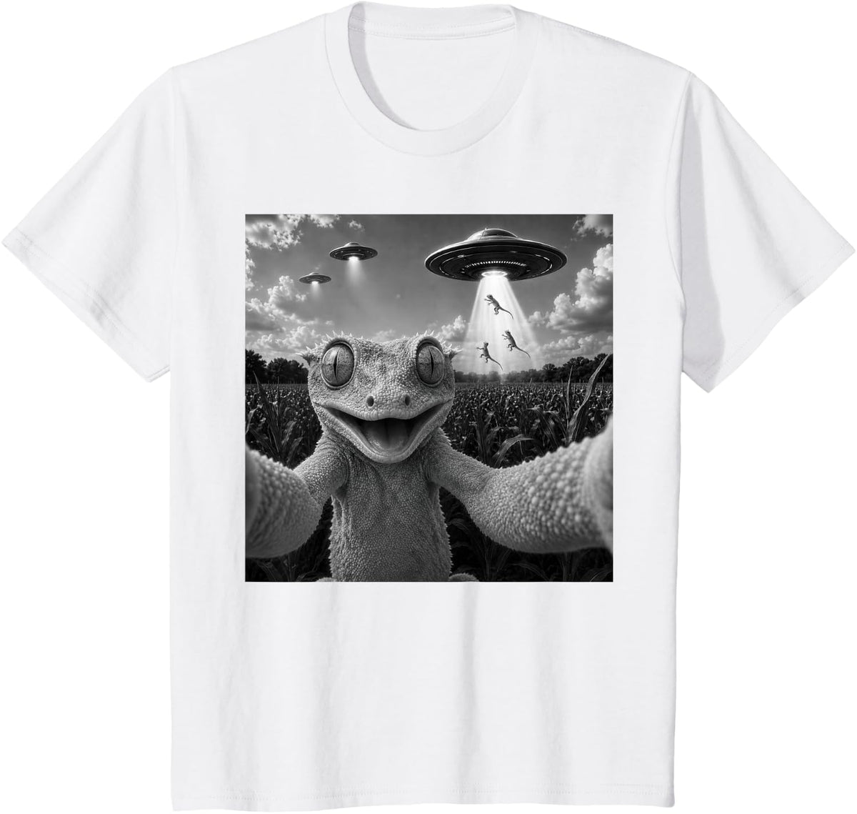 Crested Gecko Selfie with UFO Alien Funny Crestie T-Shirt - White