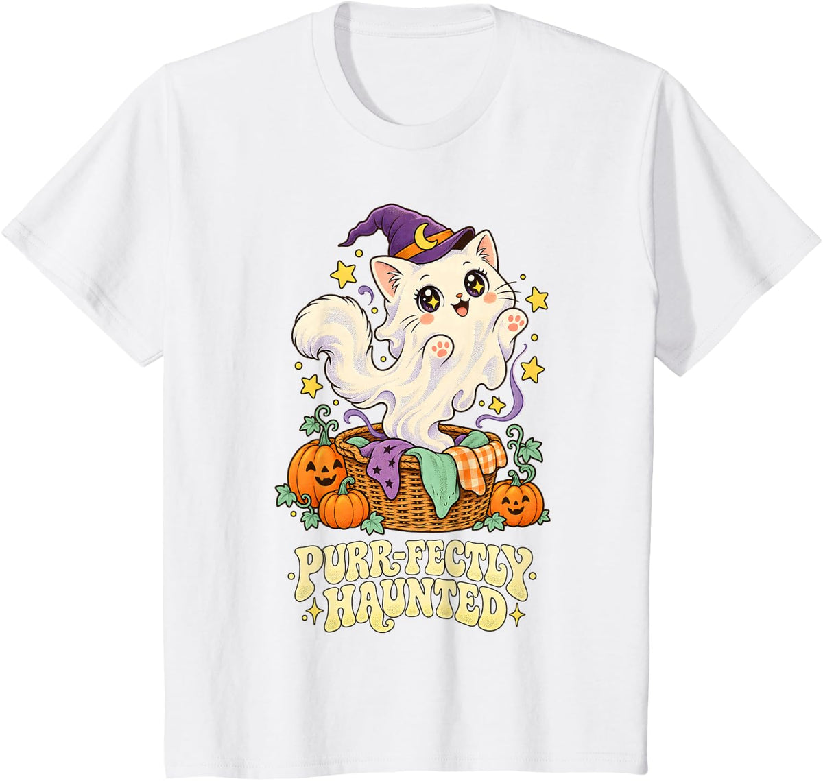 Purr Fectly Haunted Cute Ghost Cat Halloween Humor T-Shirt - White