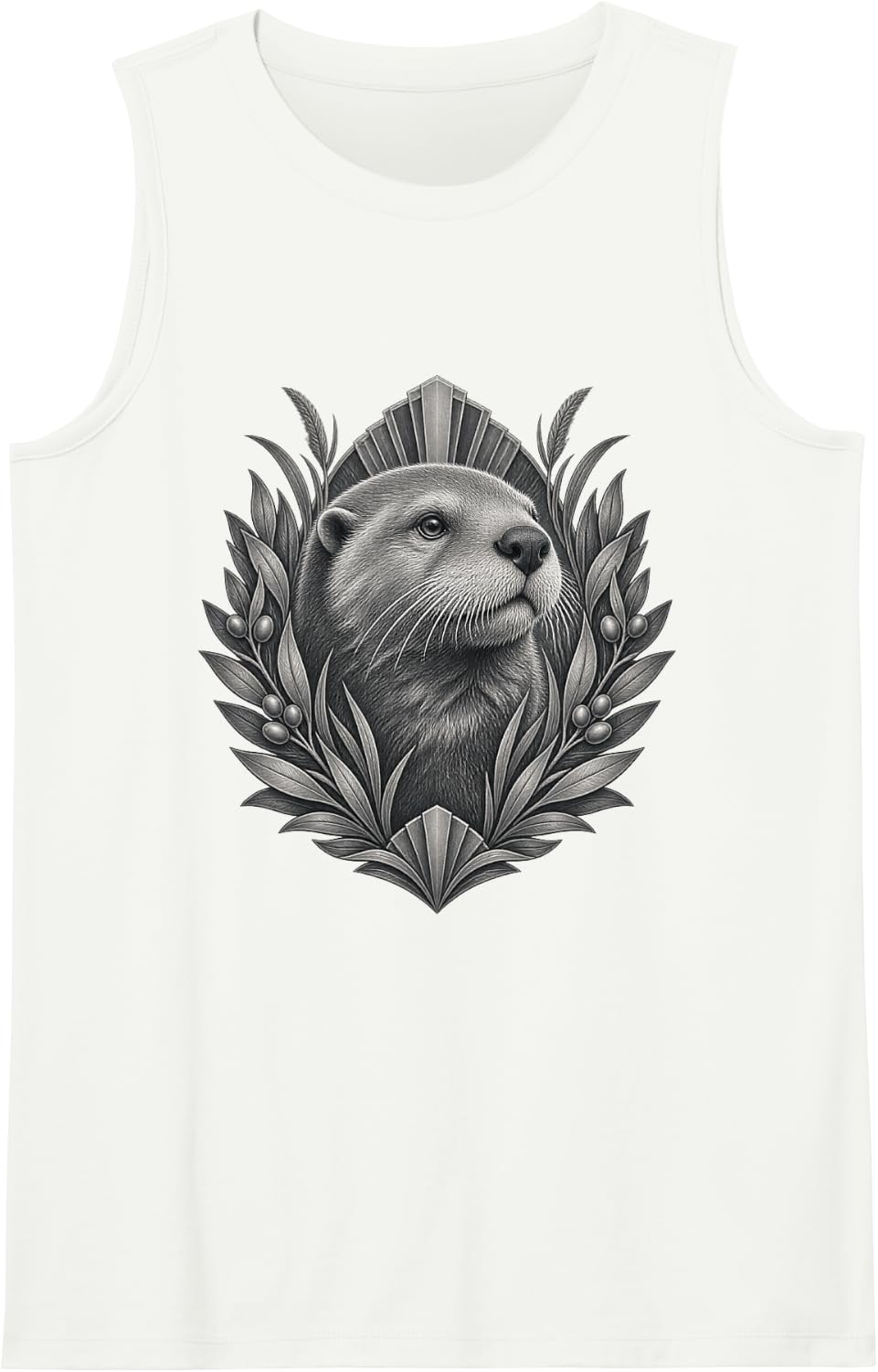 Monochrome Sea Otter with Leaves Berries and Geometric Fans Sleeveless Tank Top - White