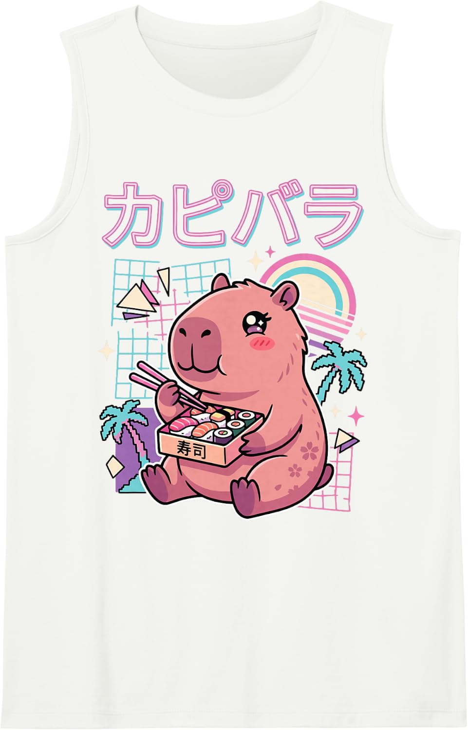 Capybara Eating Sushi Kawaii Animal Sleeveless Tank Top - White