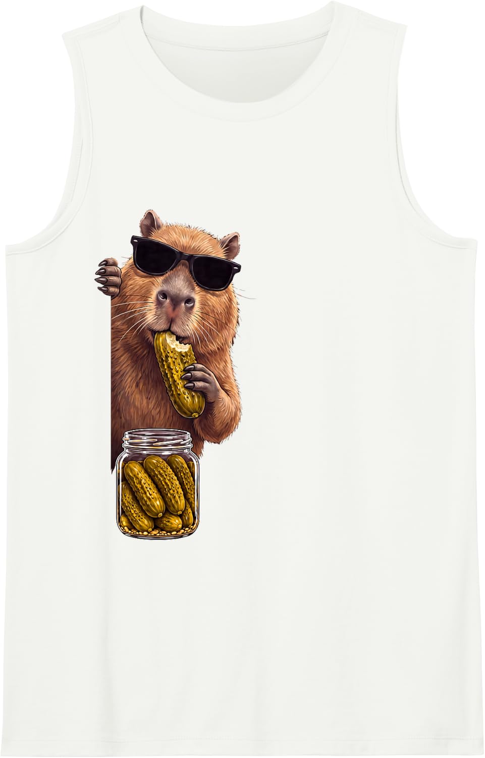 Capybara Peeking Eating Pickles Funny Animal Men Women Sleeveless Tank Top - White