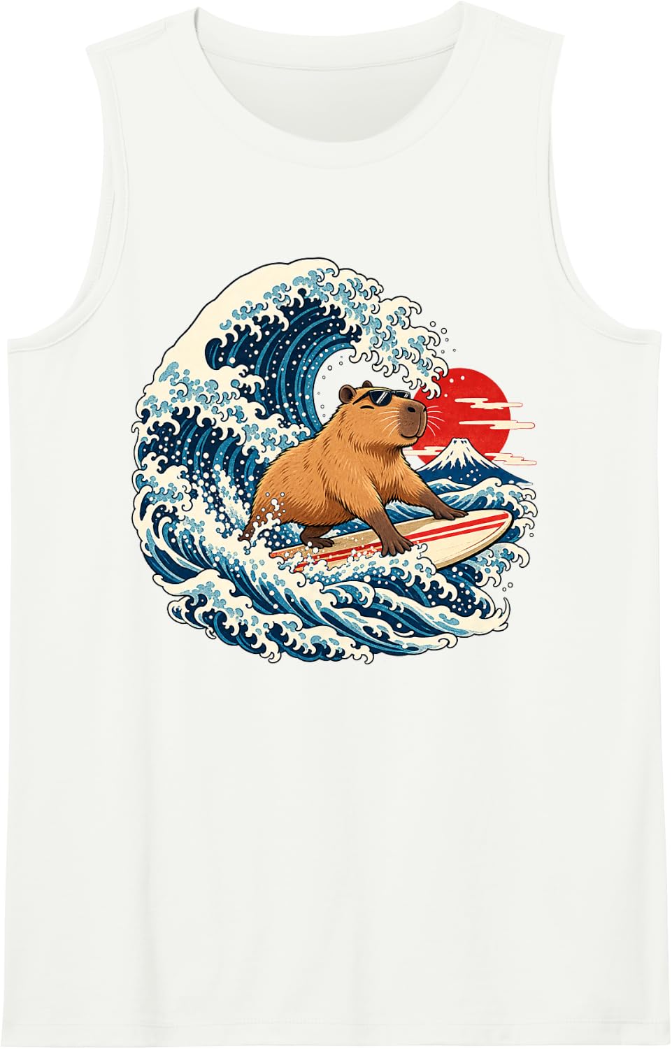 Surfing Capybara Japanese Ocean Wave Retro Beach Animal Sleeveless Tank Top - White
