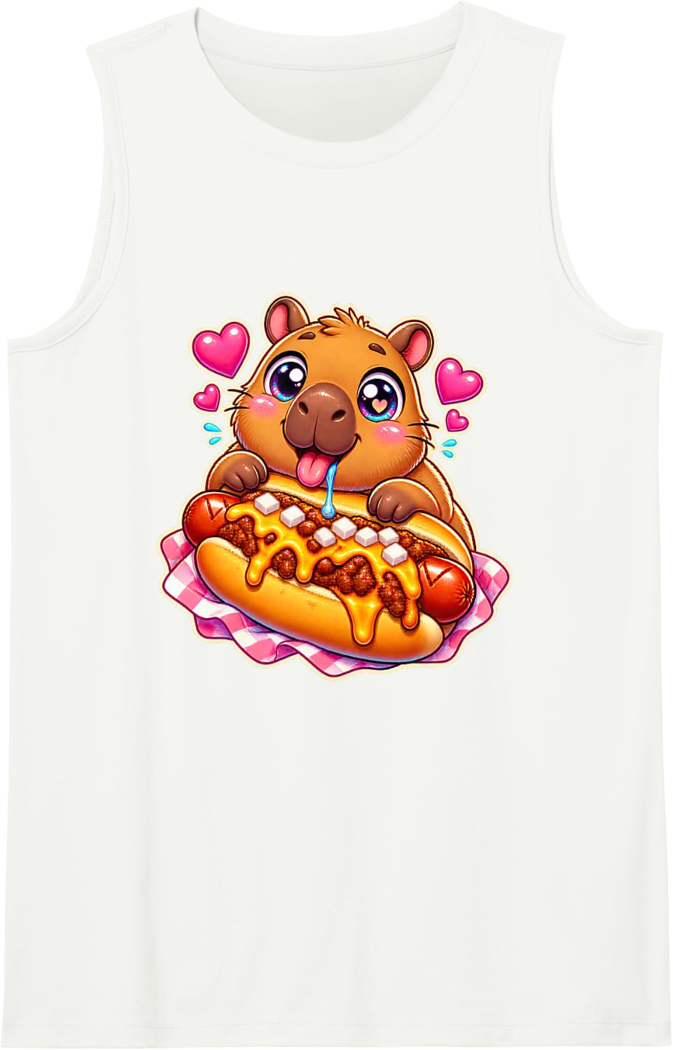 Capybara with Chili Topped Bun and Glossy Heart Shapes Sleeveless Tank Top - White