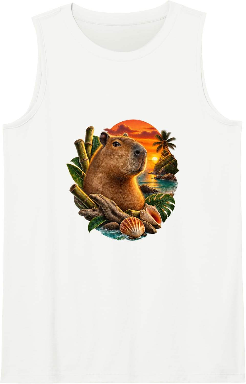 Capybara with Bamboo and Tropical Sunset Sleeveless Tank Top - White