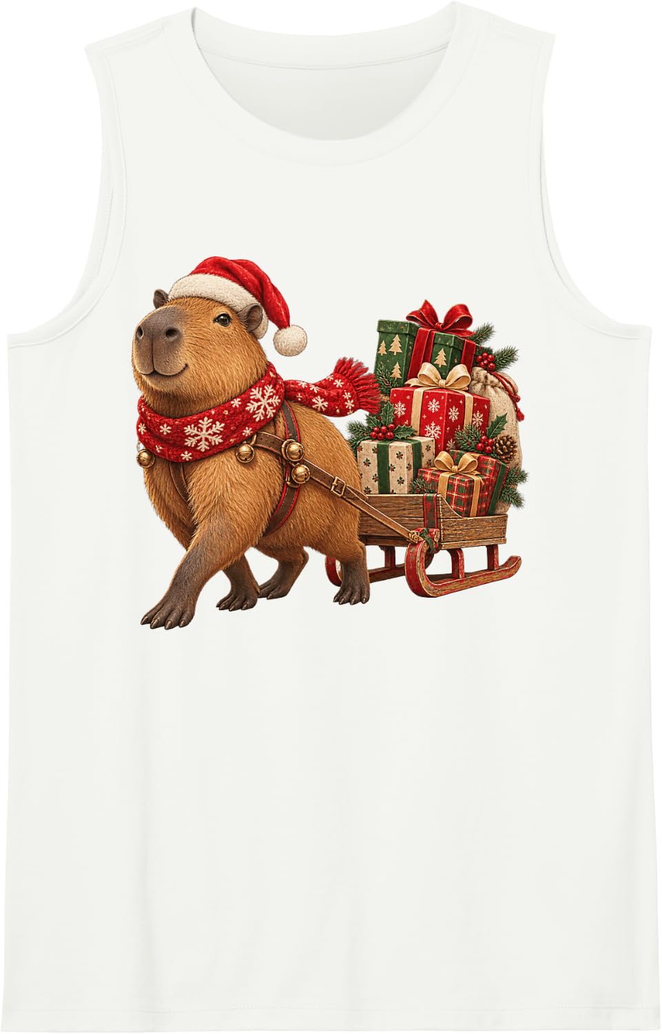Capybara Sleigh Christmas Animal Sleeveless Tank Top - White