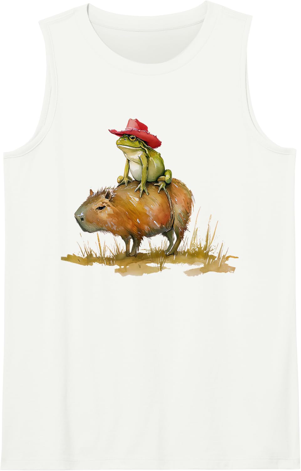 Cowboy Frog Riding Capybara Cute Animal Rodent Western Sleeveless Tank Top - White