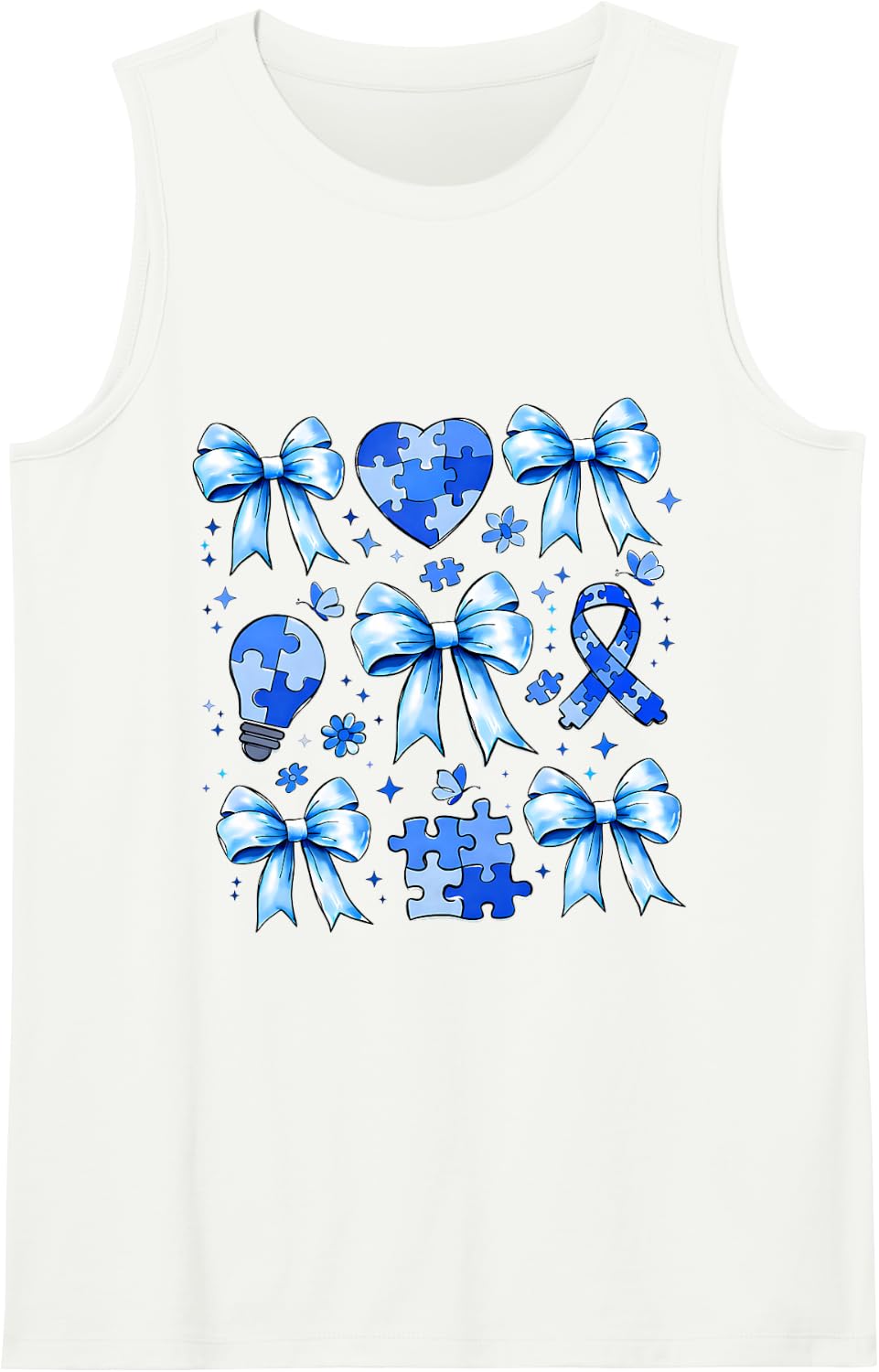 Autism Awareness Coquette Bow Puzzle Autism Blue Support Sleeveless Tank Top - White