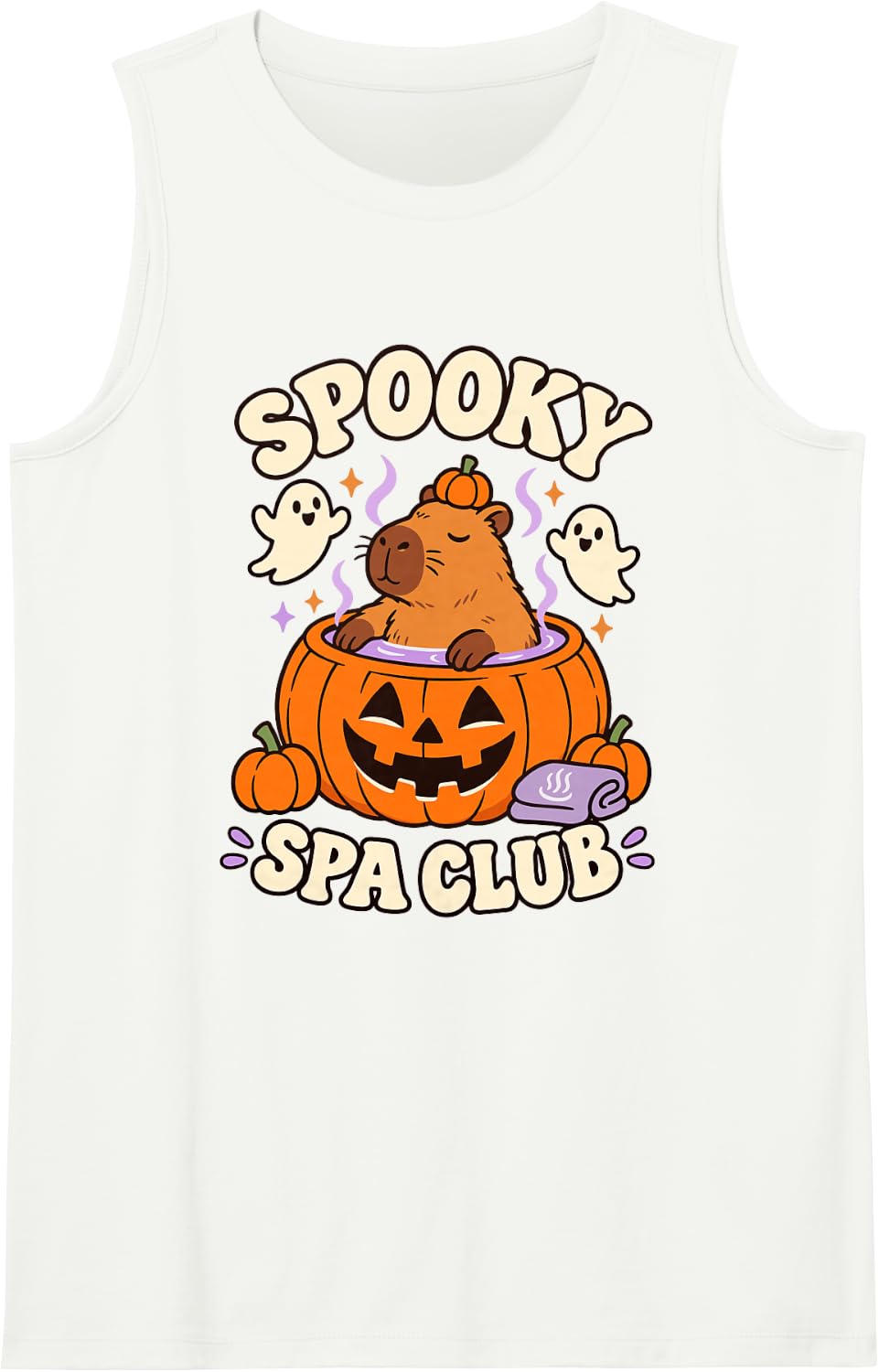 Spooky Spa Club Capybara Halloween Pumpkin Sleeveless Tank Top - White