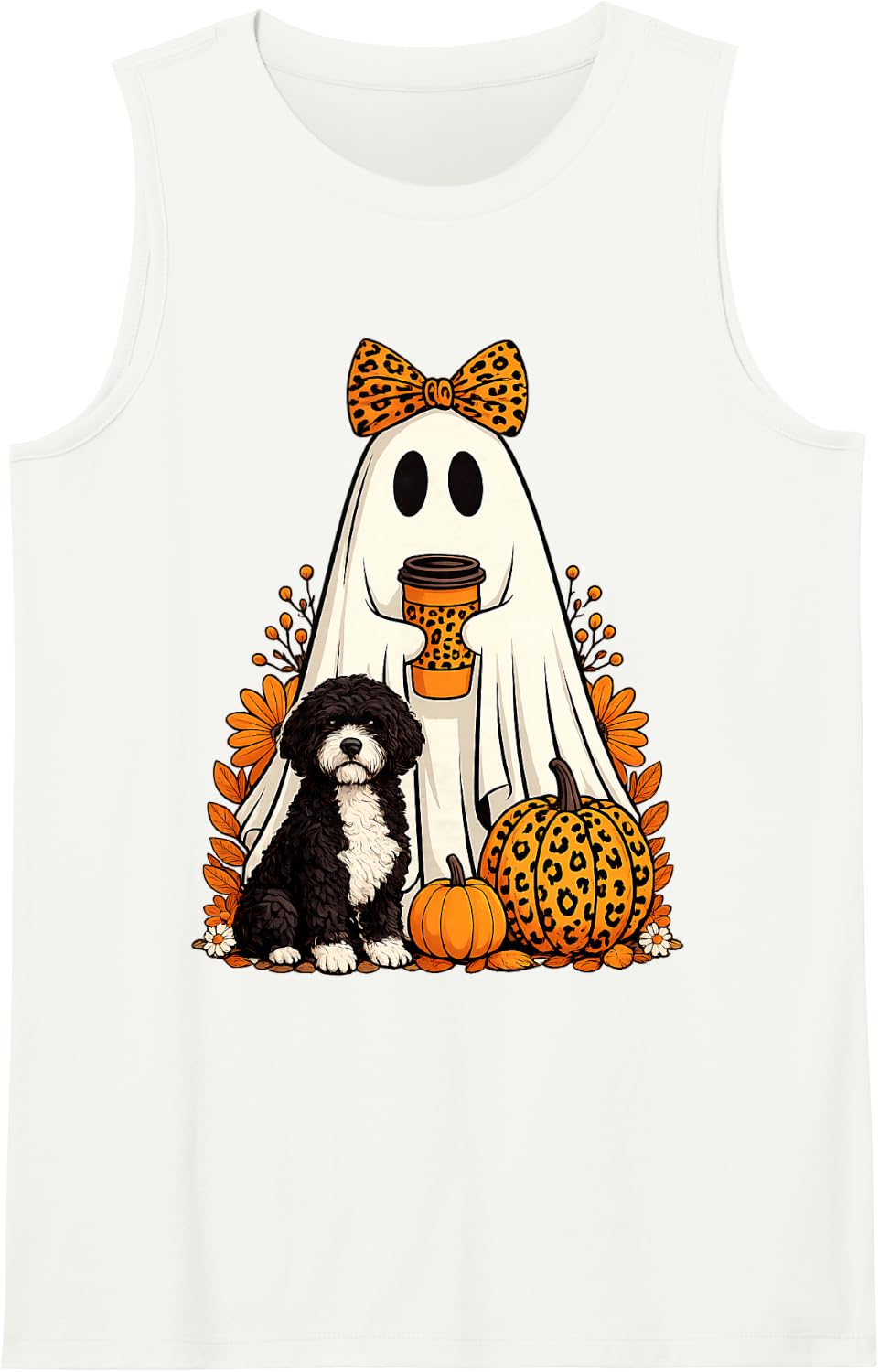 Halloween Ghost Portuguese Water Coffee Pumpkin Floral Fall Sleeveless Tank Top - White