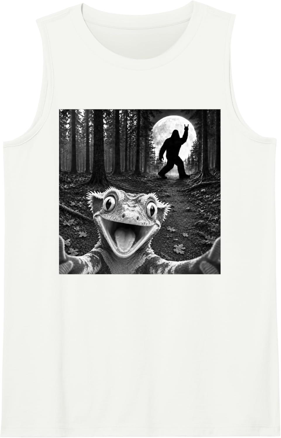 Crested Gecko Selfie with Bigfoot Rock and Roll Crestie Sleeveless Tank Top - White