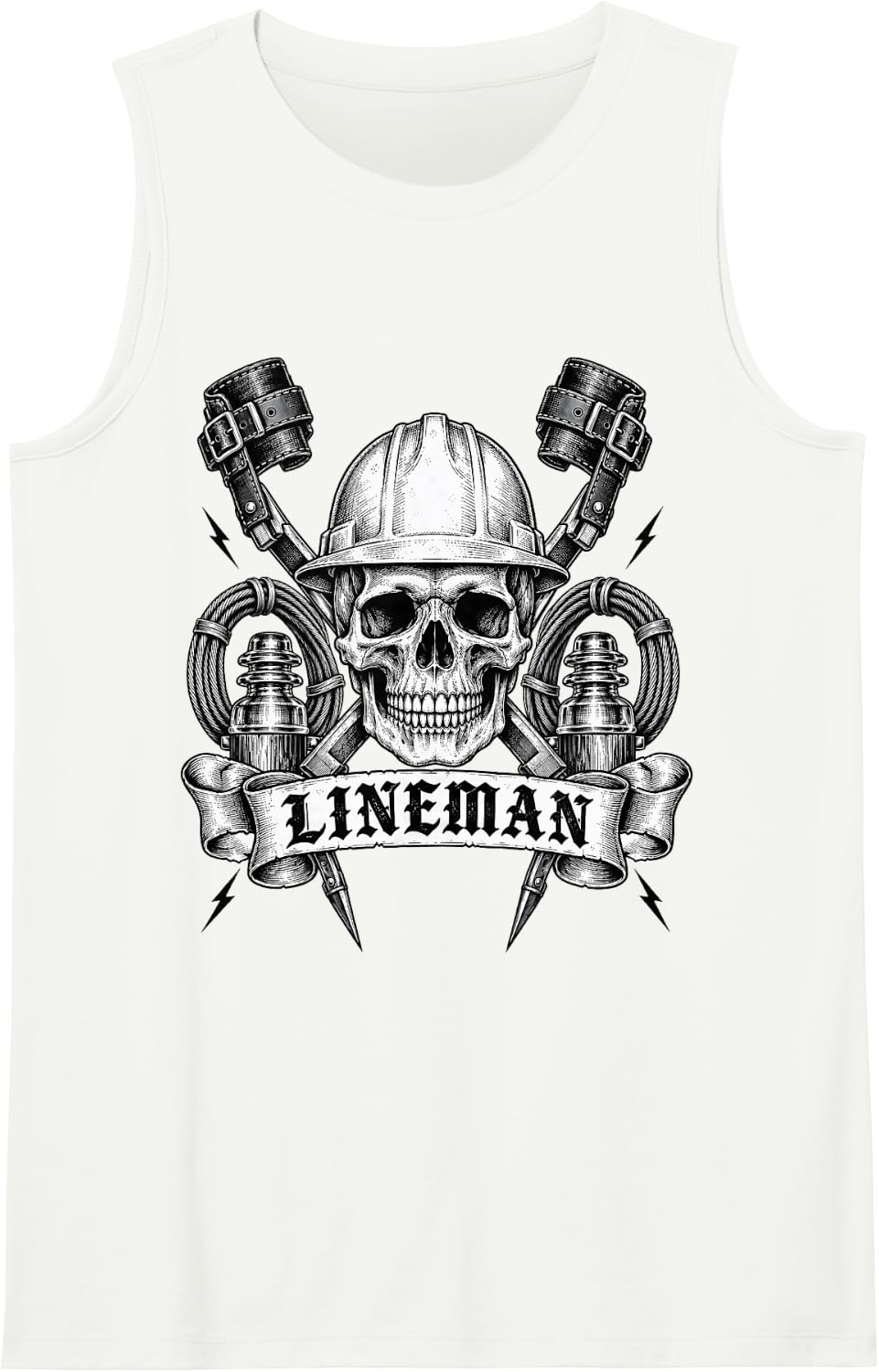 Lineman Skull with Hard Hat and Tools Sleeveless Tank Top - White