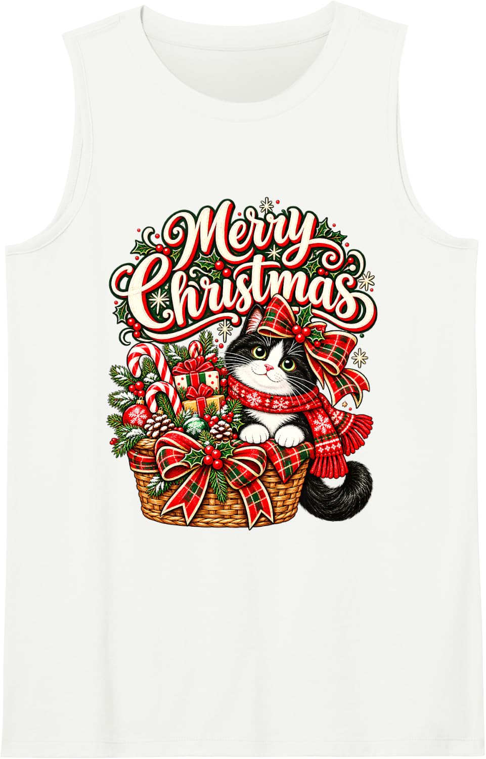Merry Christmas Shy Cat Red Scarf Sleeveless Tank Top - White