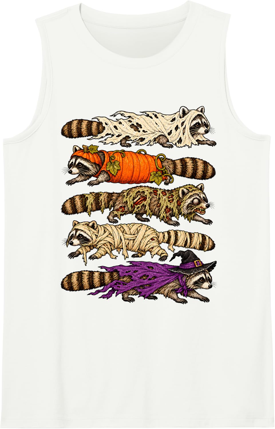 Funny Halloween Raccoon Ghost Pumpkin Zombie Mummy Sleeveless Tank Top - White