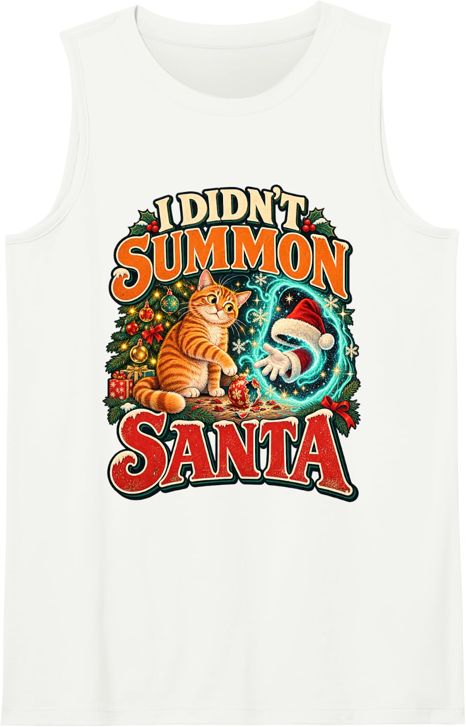Funny Christmas cat summons Santa Retro Holiday Humor Sleeveless Tank Top - White