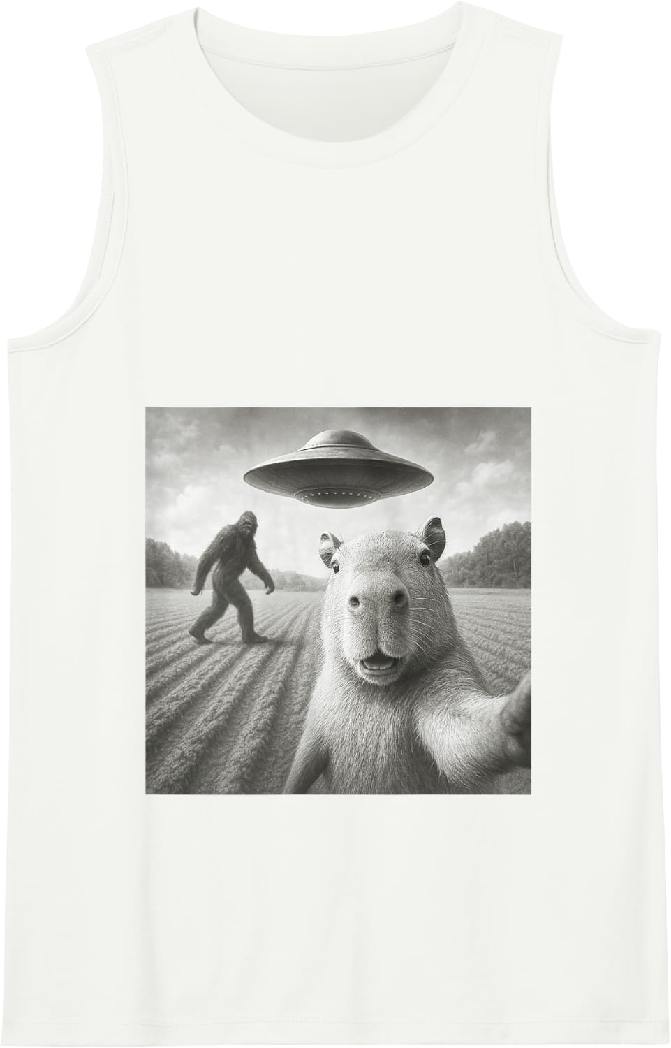 Capybara UFO Selfie Bigfoot Funny Aliens Encounter Tank Top - White