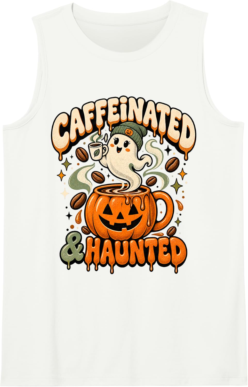 Halloween Caffeinated & Haunted Funny Graphic Design Costume Sleeveless Tank Top - White