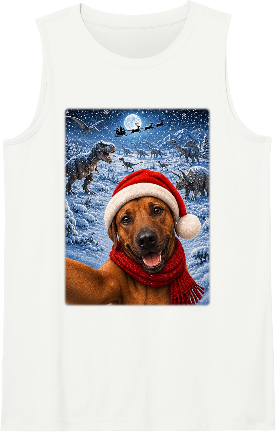Rhodesian Ridgeback Dog Christmas Moon Night Dinosaurs Xmas Tank Top - White