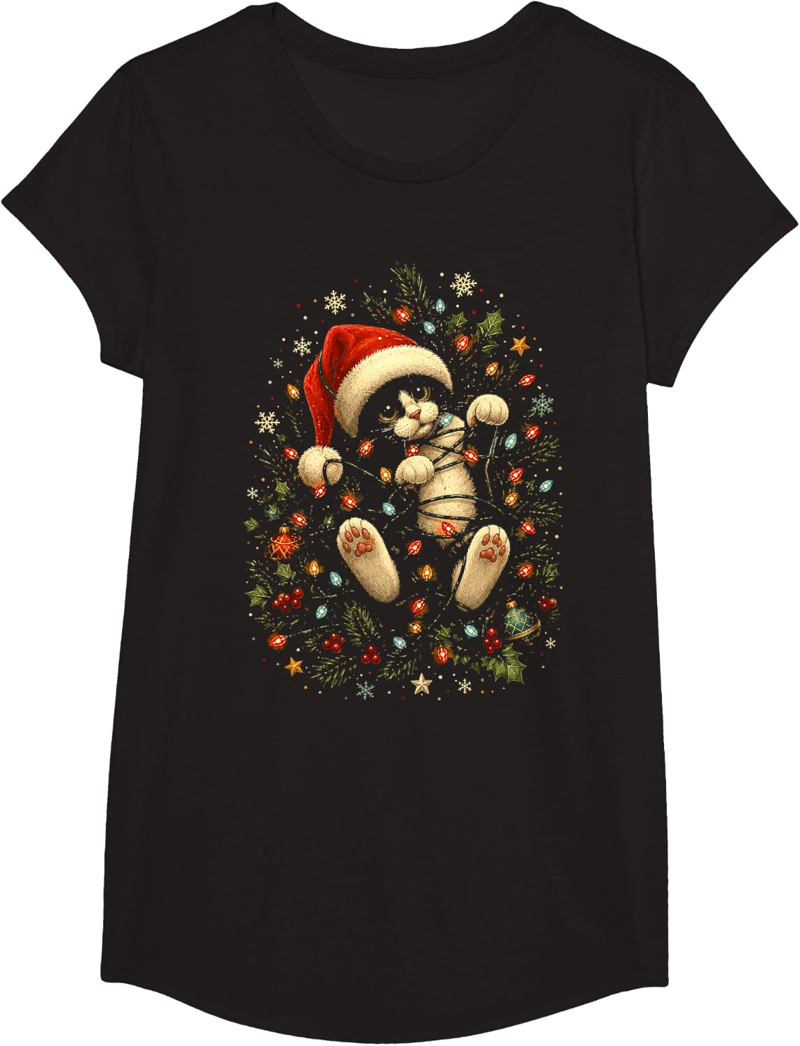 Cute Christmas Cat - Tuxedo Cat Santa Hat T-Shirt - Girls Black