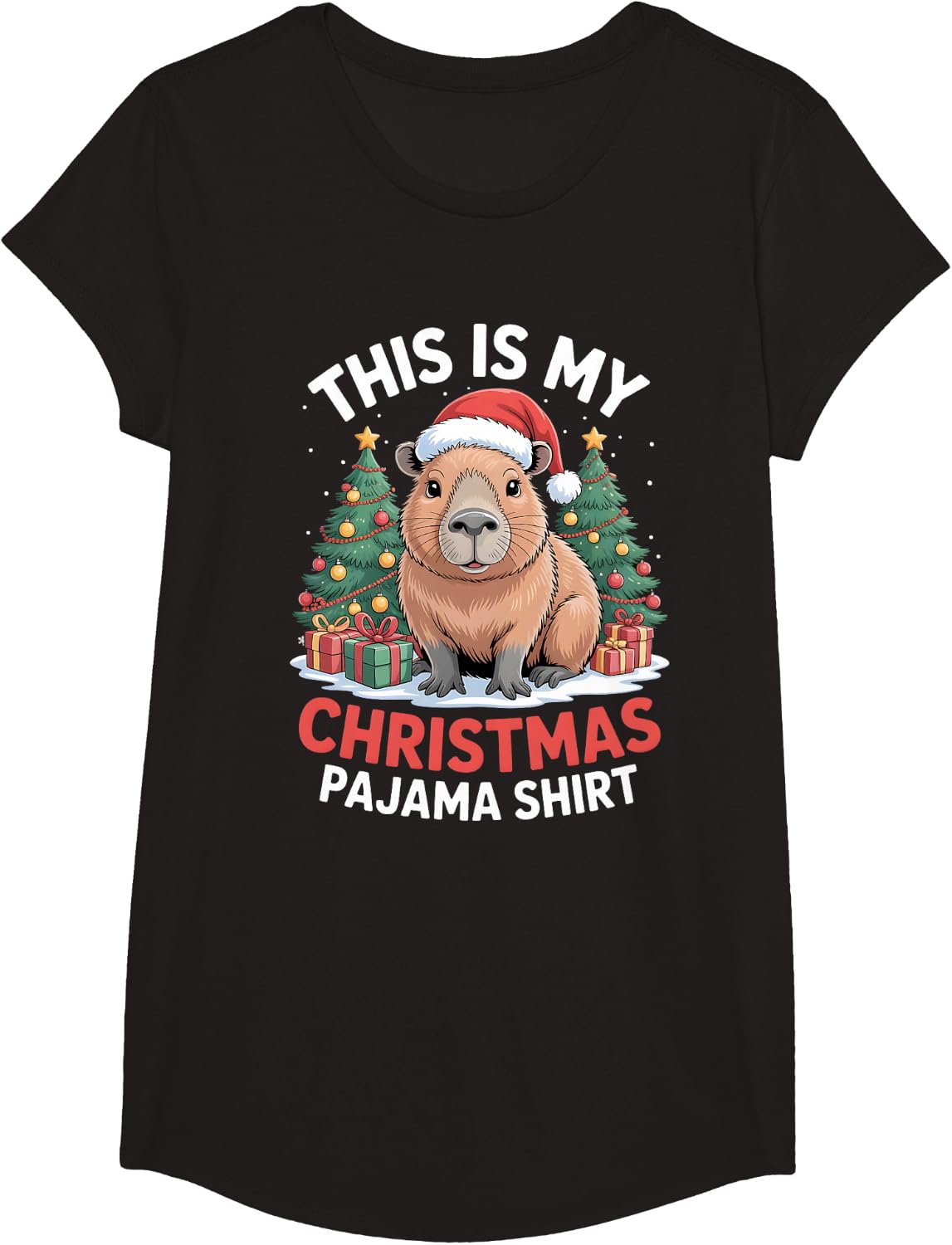 Capybara This is My Christmas Pajama T-Shirt - Girls Black