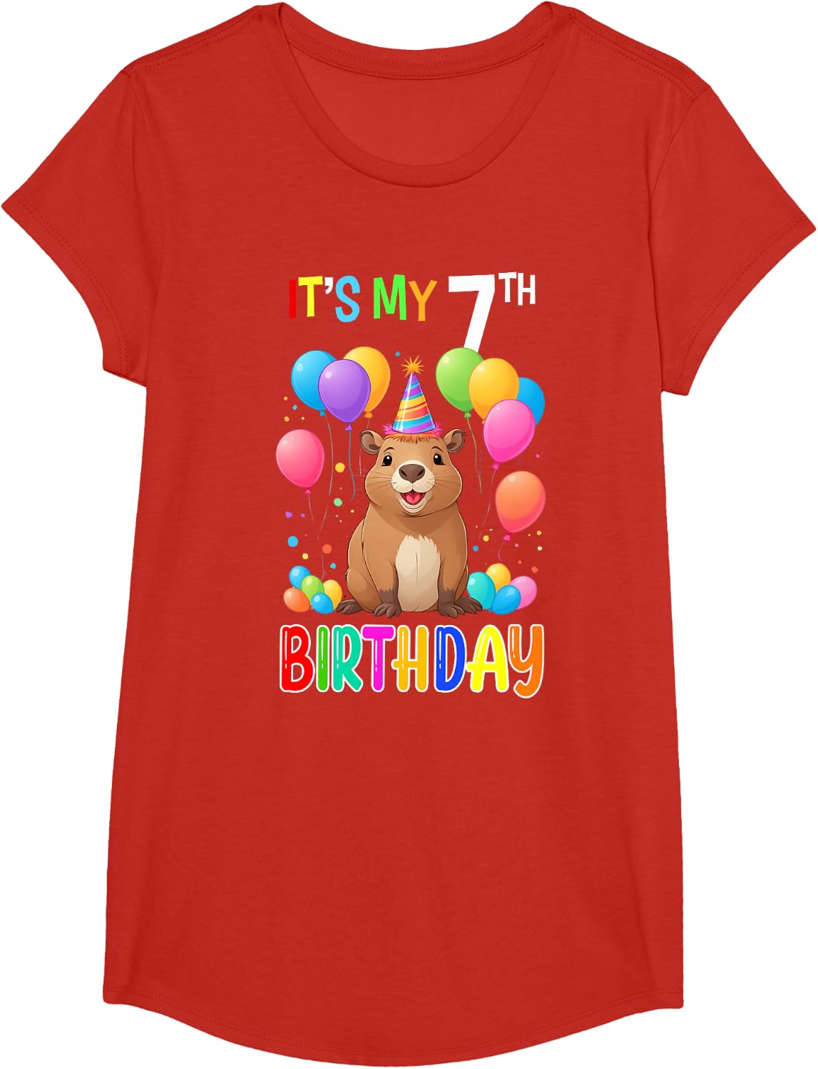7th Birthday Shirt Funny Capybara 7 Years Capybara Birthday T-Shirt - Girls Red