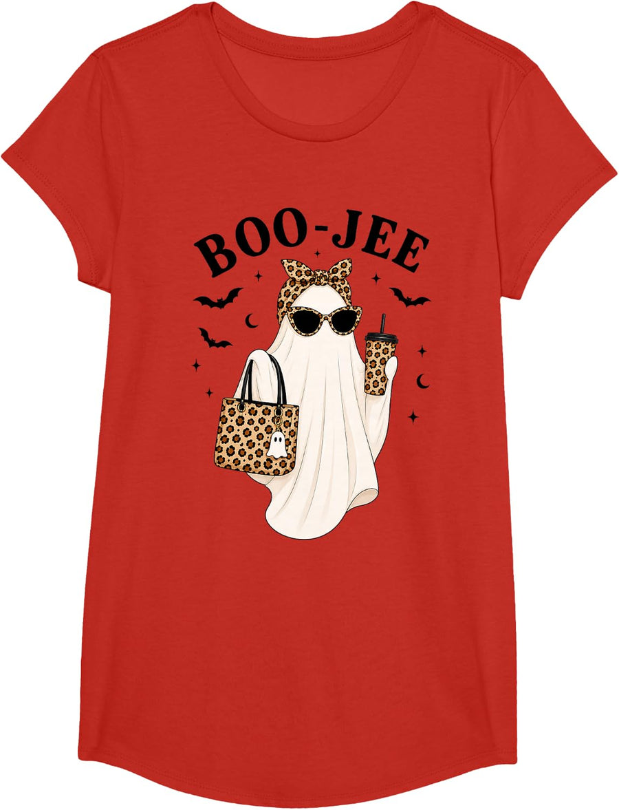 Boo JEE Ghost Halloween Leopard Print Coffee Lover Humor T-Shirt - Girls Red