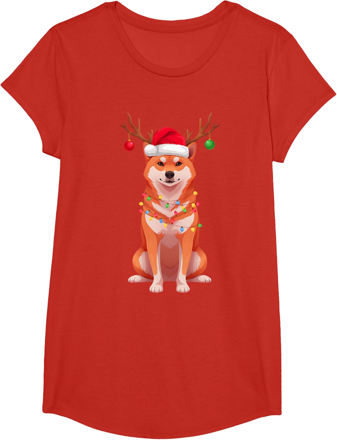 Shiba Inu Santa Hat Reindeer Ornaments Dog Mom Dad T-Shirt - Girls Red