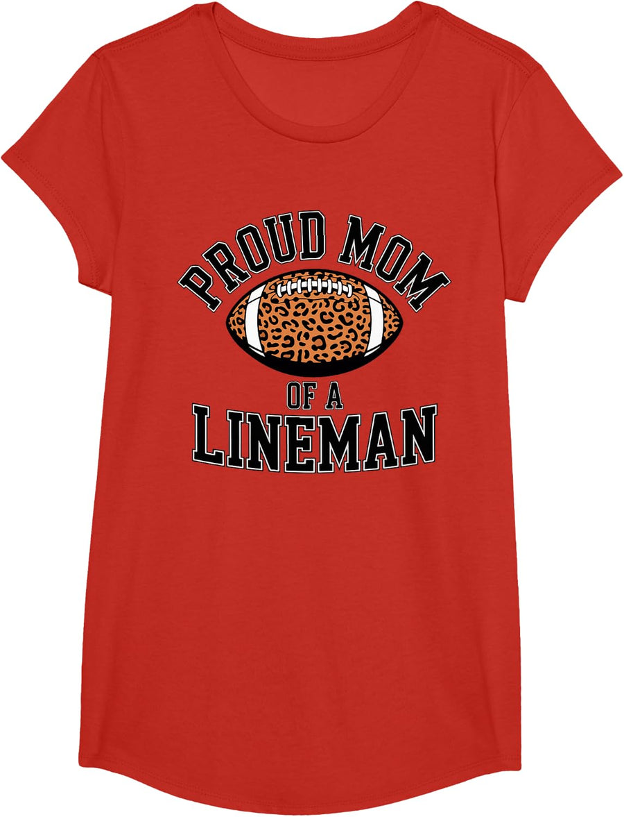 Proud Mom of A Lineman Football Leopard Print Football Mom T-Shirt - Girls Red