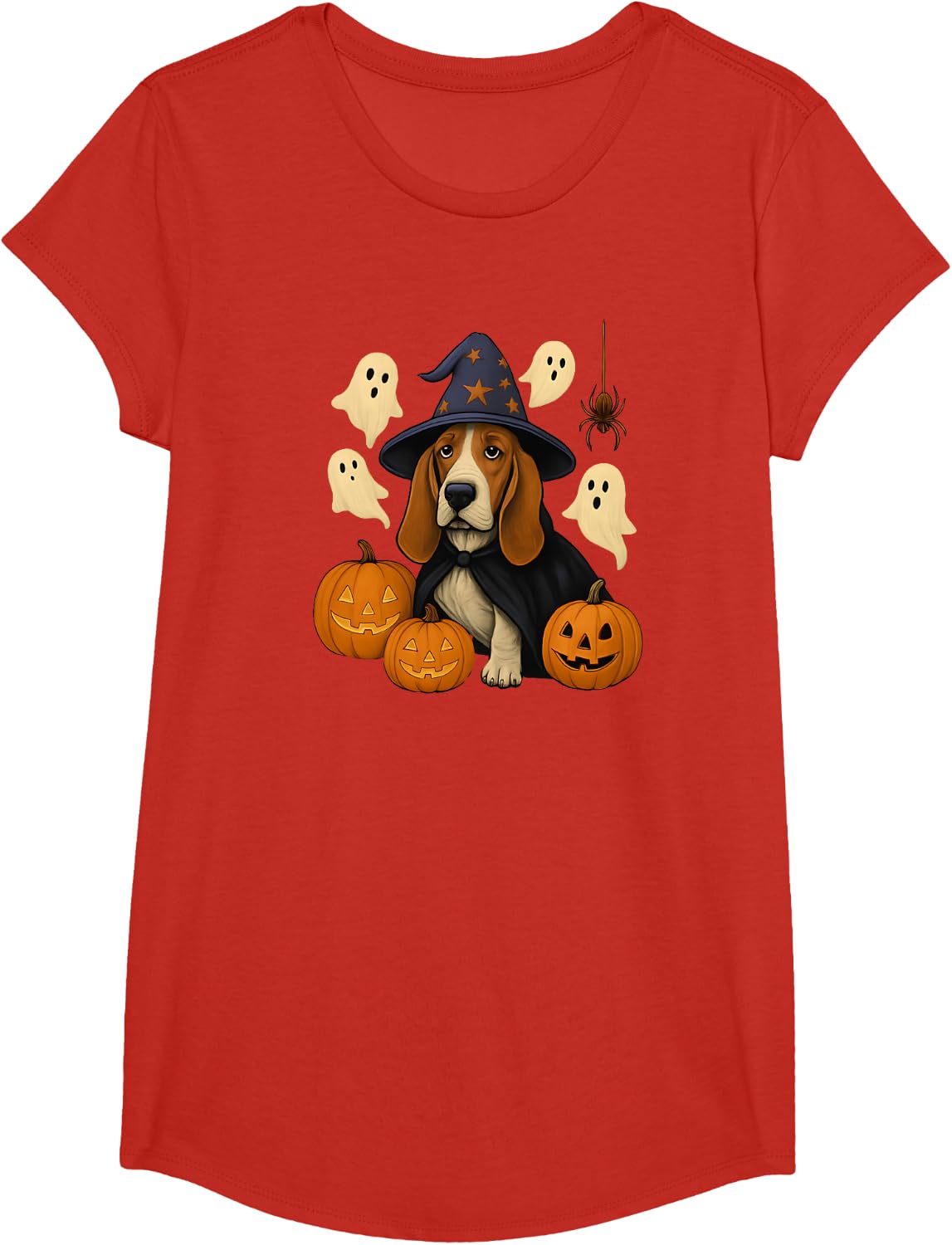 Halloween Basset Hound, Witch's hat, Cute, Funny T-Shirt - Girls Red
