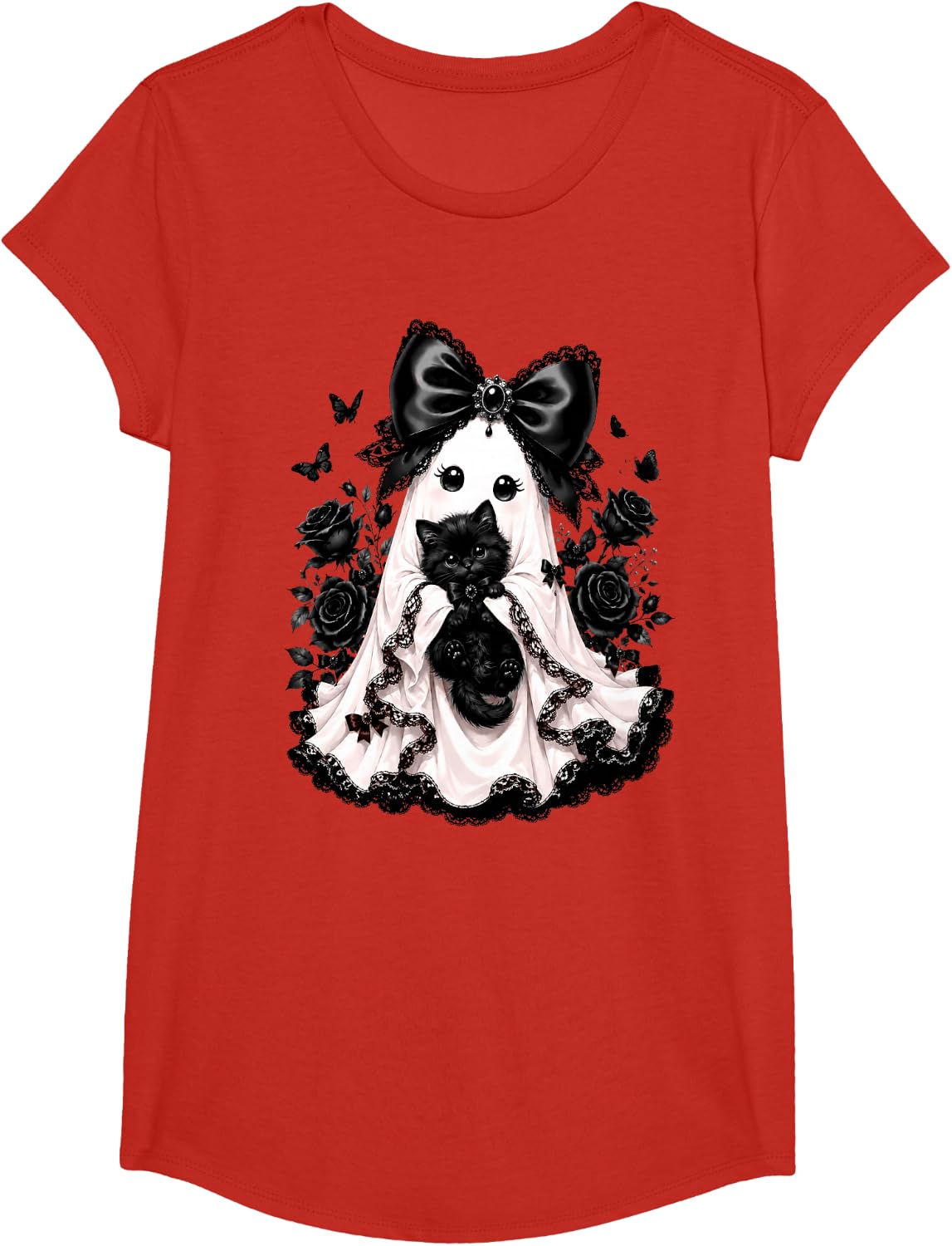 Cute Lace Pattern Ghost Hugs Black Cats Happy Halloween Day T-Shirt - Girls Red