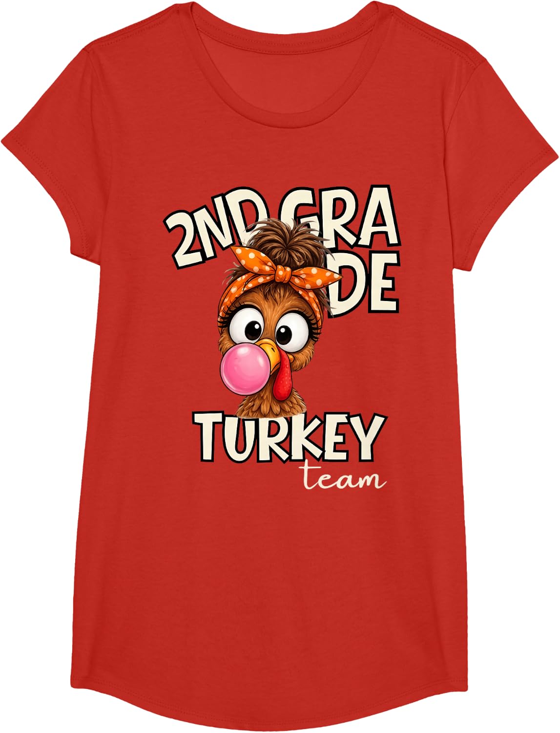 2nd Grade Turkey Team Peace Sign Turkey Face Thanksgiving T-Shirt - Girls Red