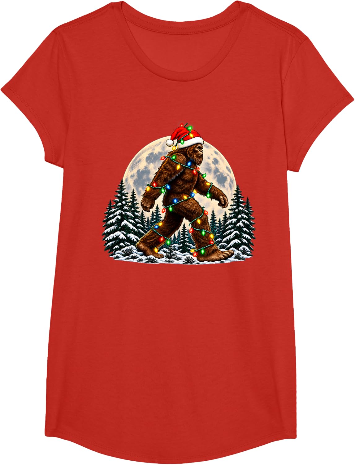 Bigfoot Santa Christmas Tree Lights Funny Xmas Sasquatch T-Shirt - Girls Red