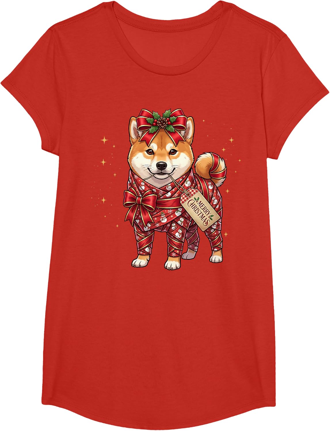 Shiba Inu Dog Snowman Wrapping Paper Present Holly Pinecone T-Shirt - Girls Red