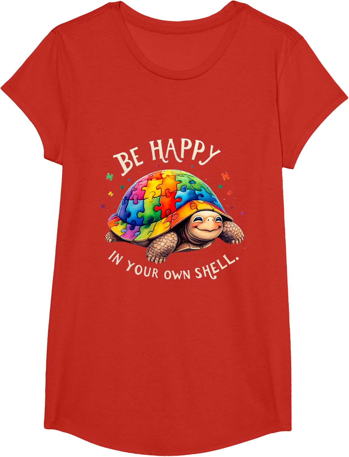 Puzzle Turtle Be Happy In Your Own Shell Autism Awareness T-Shirt - Girls Red