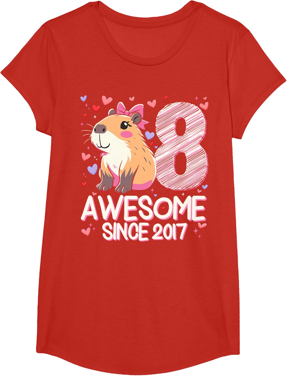 8 Years Old Capybara Gifts for Girls 8th Birthday Party T-Shirt - Girls Red