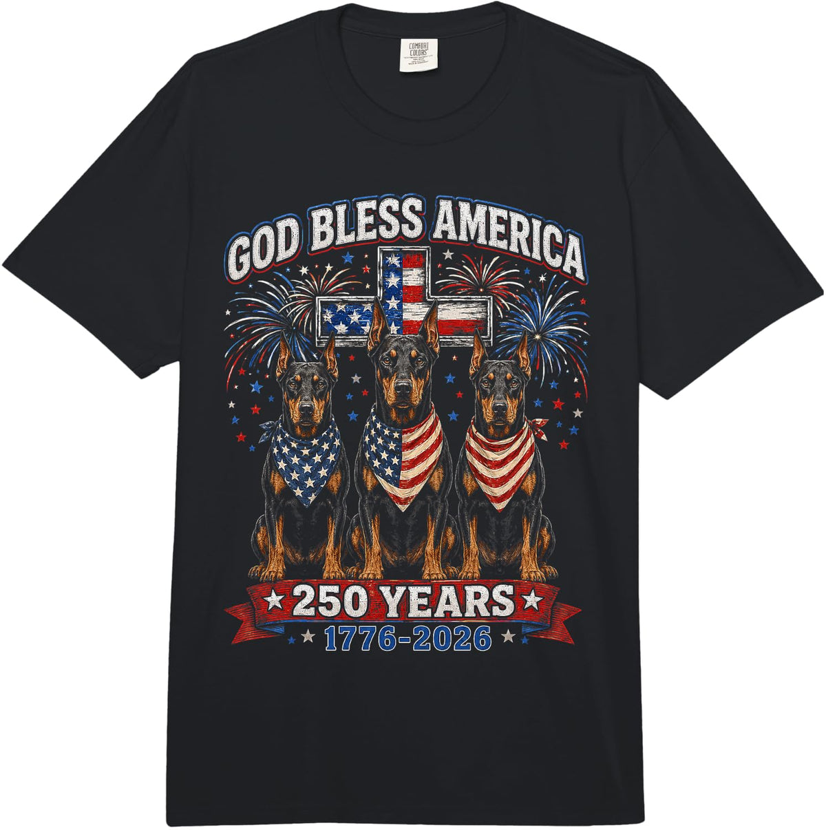 250 Years America Doberman Pinscher Patriotic USA 4th July Comfort Colors Adult Heavyweight T-Shirt - Adult Unisex Black