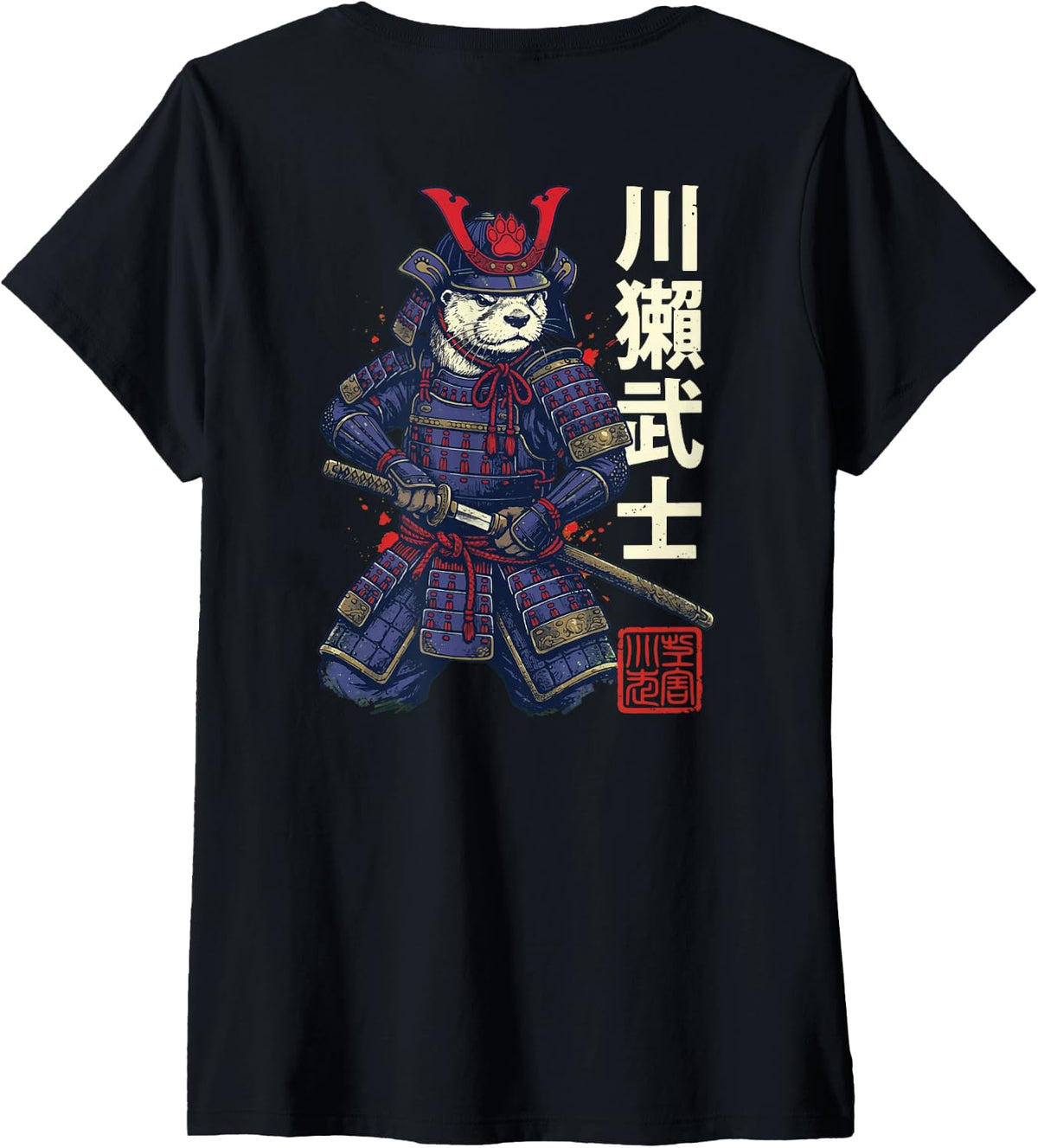 Women's Otter Samurai (On Back) V-Neck T-Shirt - Black