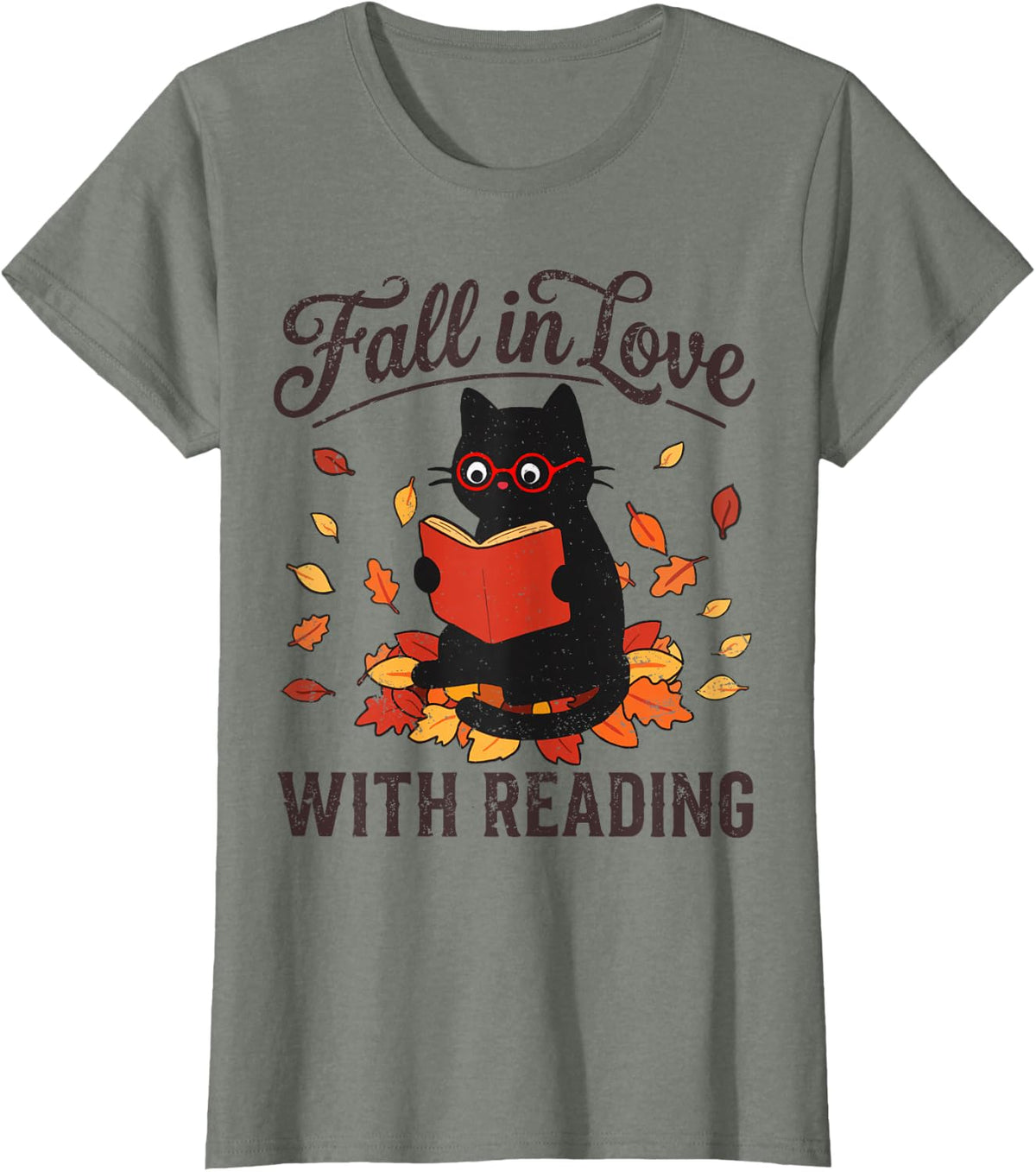 Retro Black Cat Reading Fall in Love with Reading Autumn T-Shirt - Olive Heather