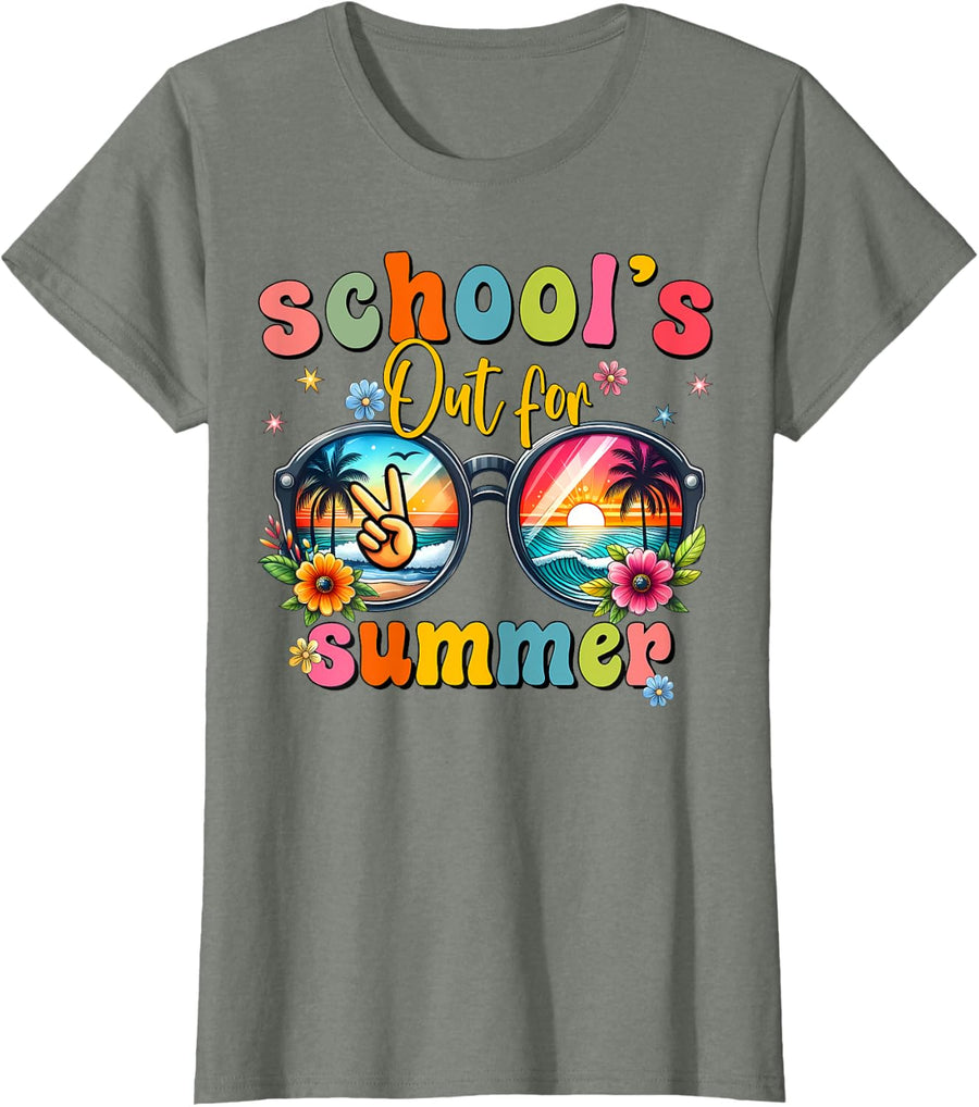 Retro Groovy School's Out For Summer Graduation Teacher Kids T-Shirt - Olive Heather