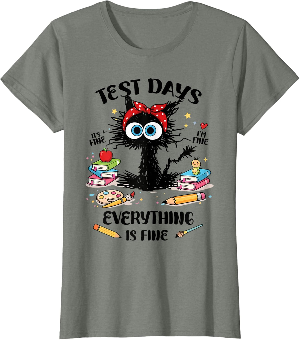 Test Day Funny Stressed Cat Testing Day Teacher Student Kids T-Shirt - Olive Heather