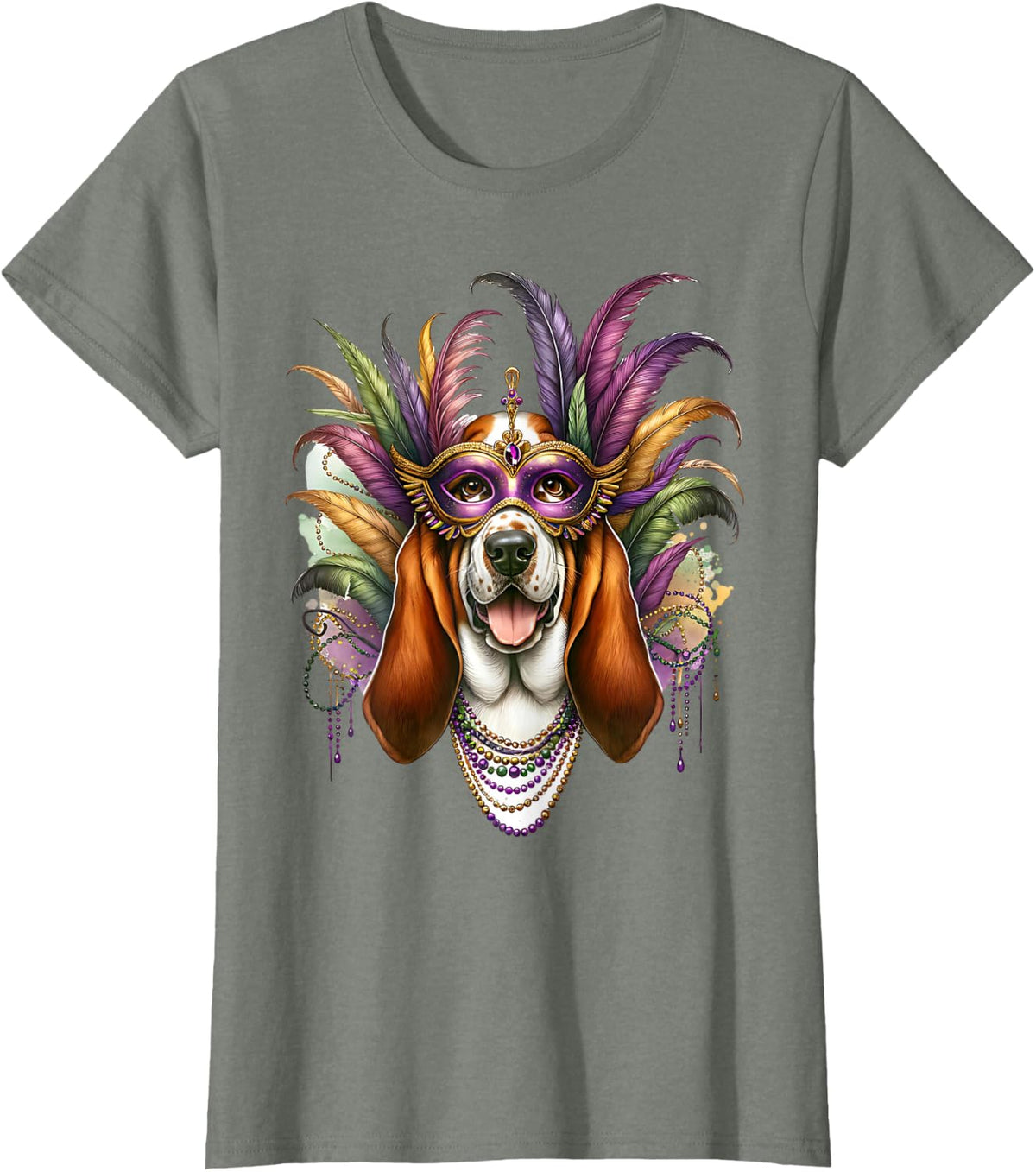 Basset Hound Dog Mardi Gras T-Shirt - Olive Heather