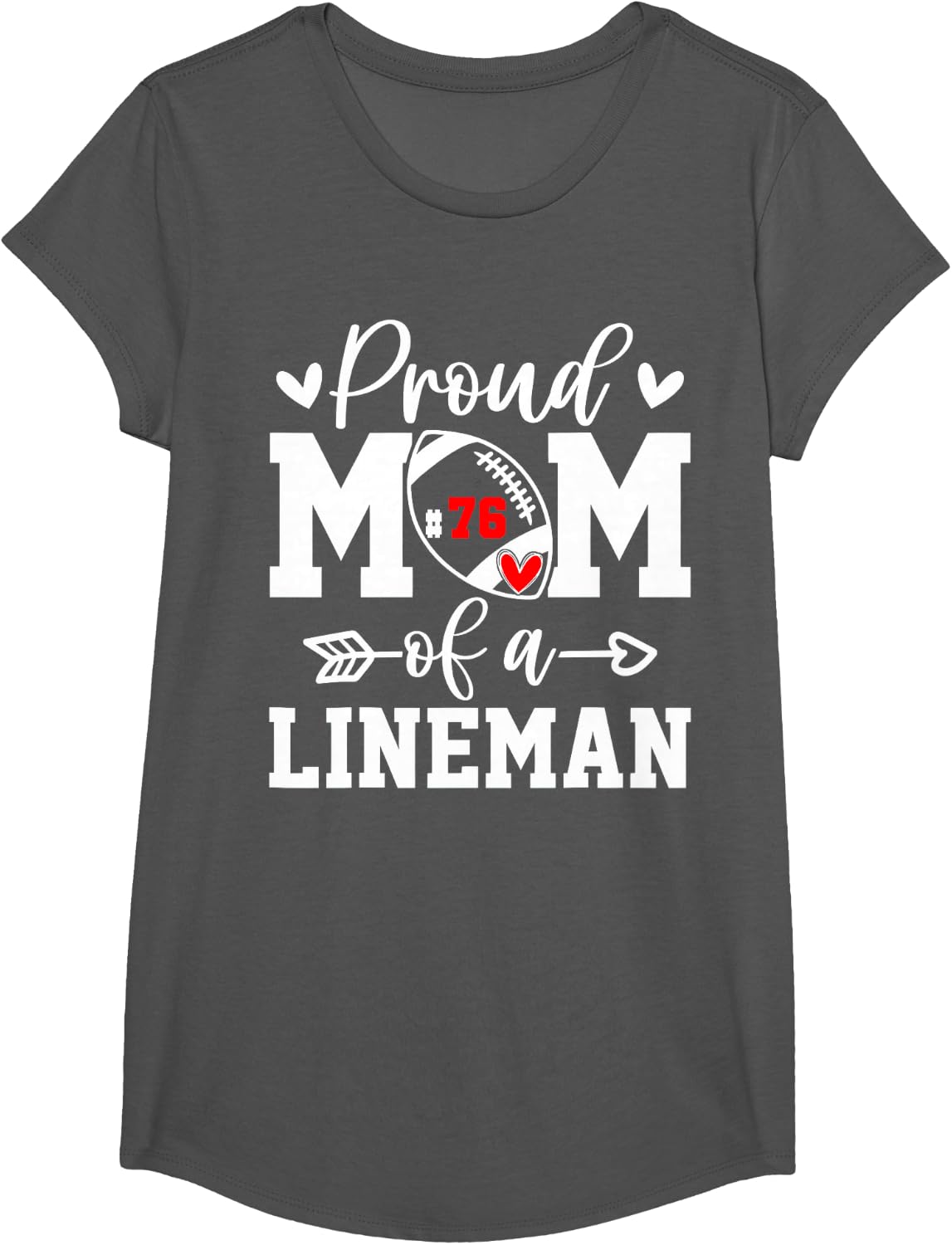 Jersey Number 76 Proud Mom Football Lineman Player T-Shirt - Girls Asphalt Grey