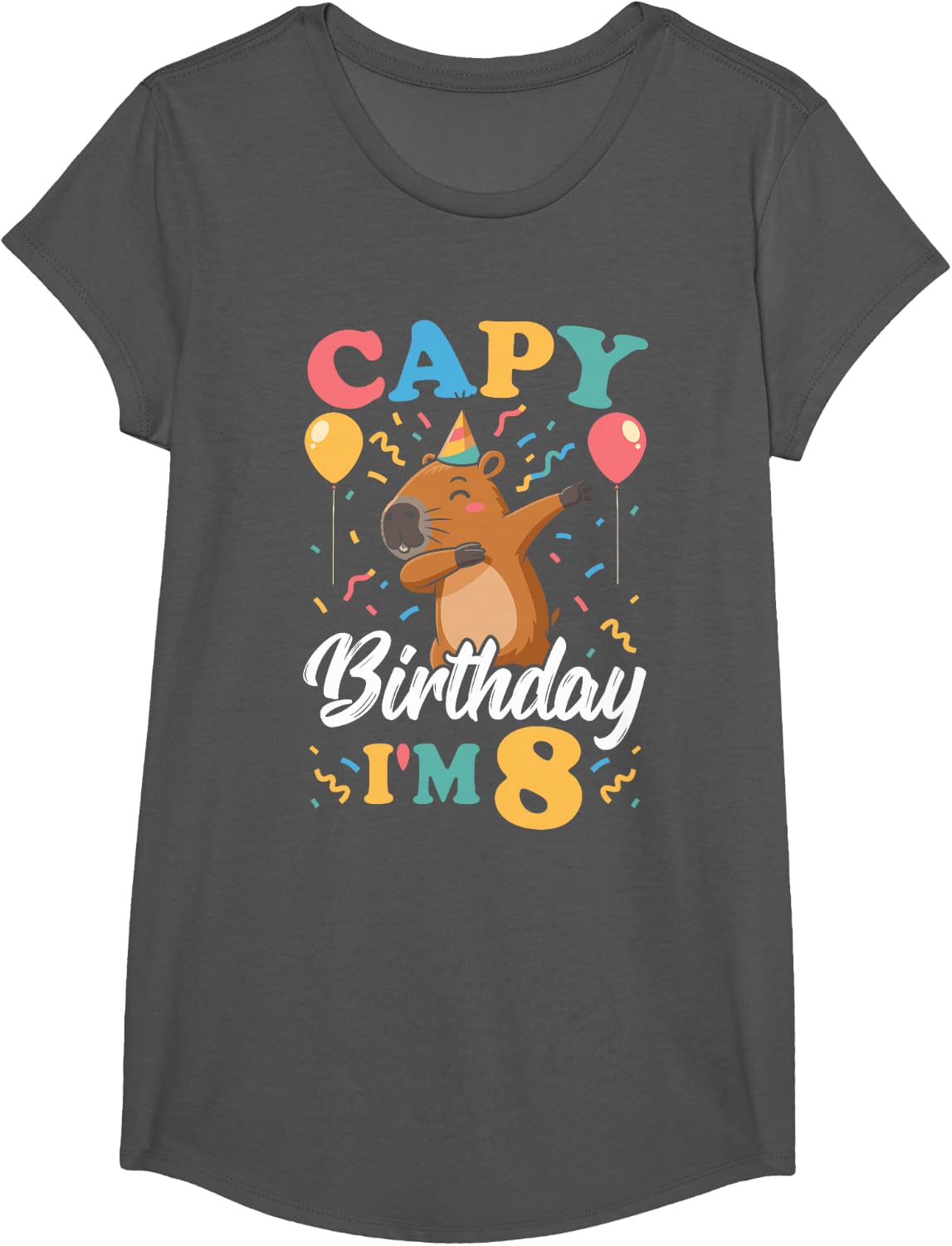 Capy Birthday I'm 8 Birthday Boy Dabbing Capybara T-Shirt - Girls Asphalt Grey