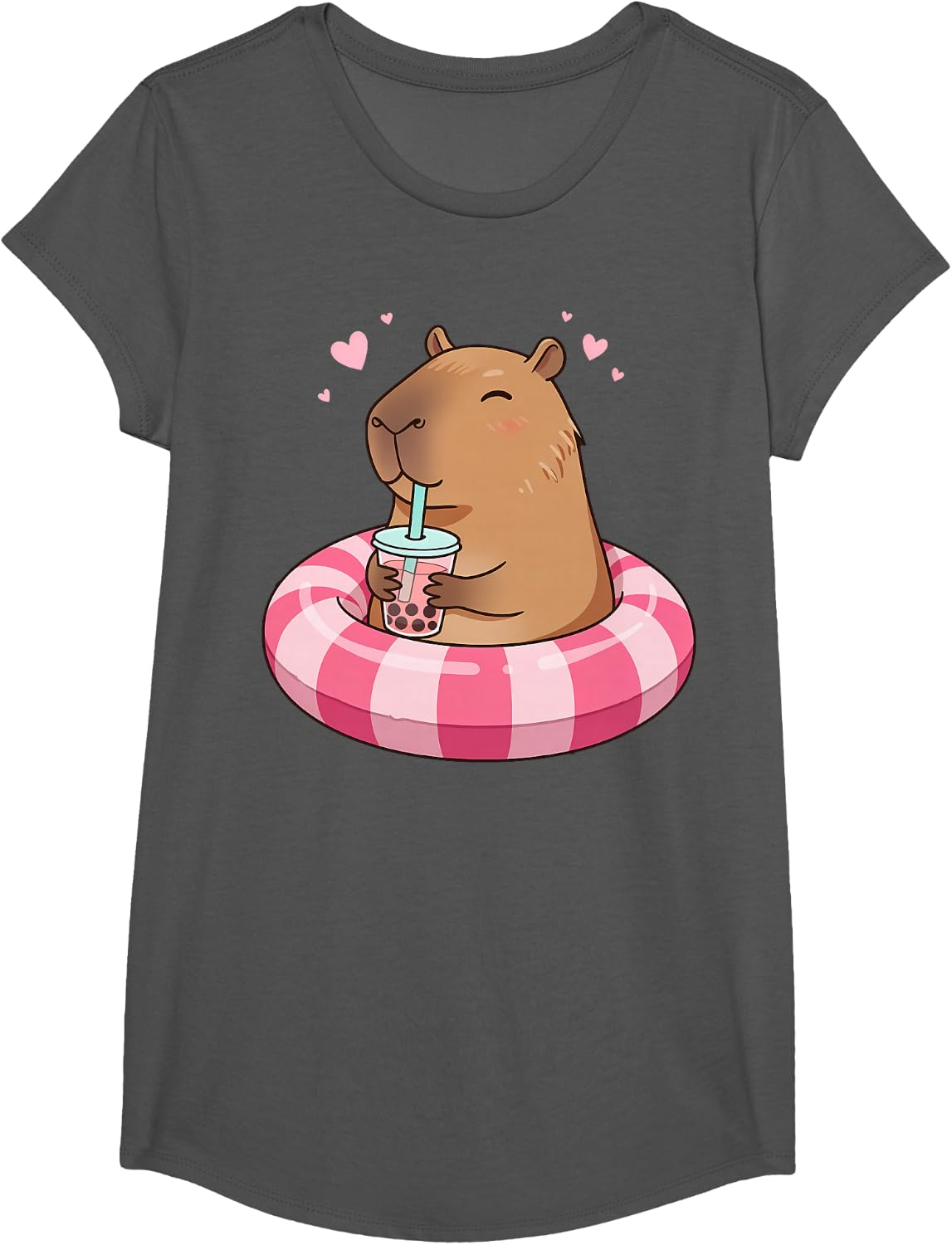 Capybara On Pool Float Drinking Boba Bubble Tea Kids Girls T-Shirt - Girls Asphalt Grey