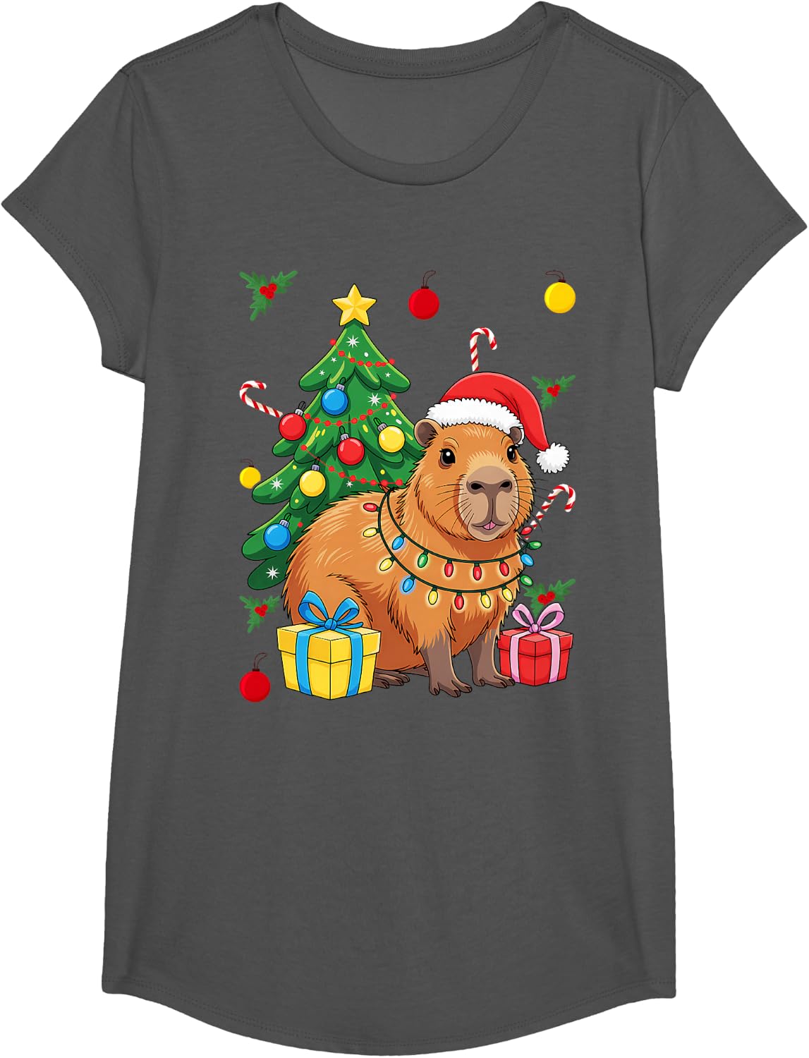Lover Kids Women Cute Christmas Capybara T-Shirt - Girls Asphalt Grey