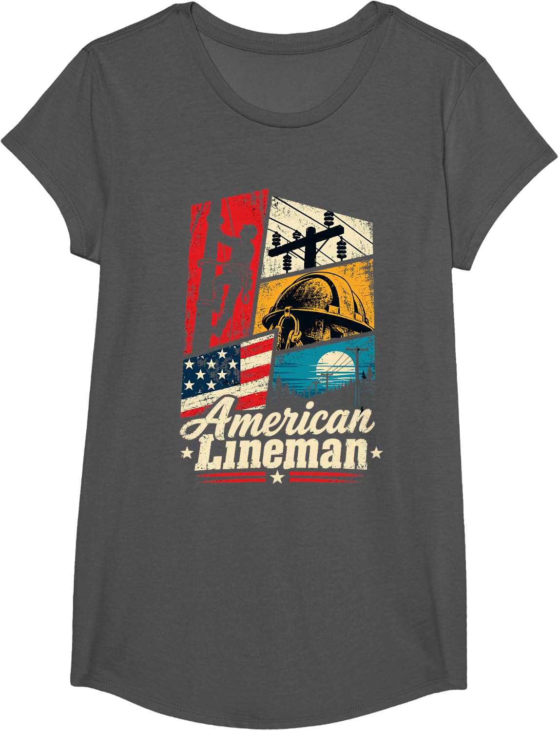 American Lineman Us Flag Power Lineman T-Shirt - Girls Asphalt Grey