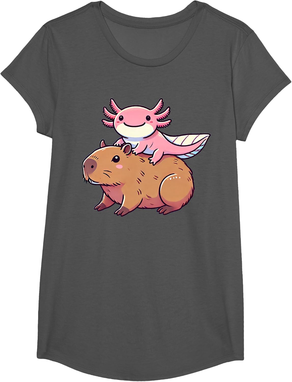 Kawaii Axolotl Capybara T-Shirt - Girls Asphalt Grey